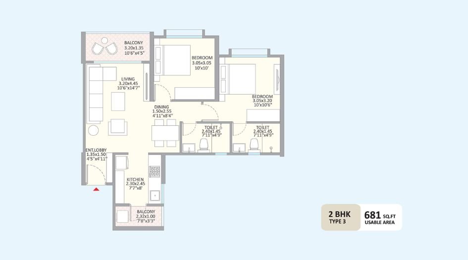 Kolte-Patil-Little-Heart-Floor-Plan-2BHK-681 Sqft
